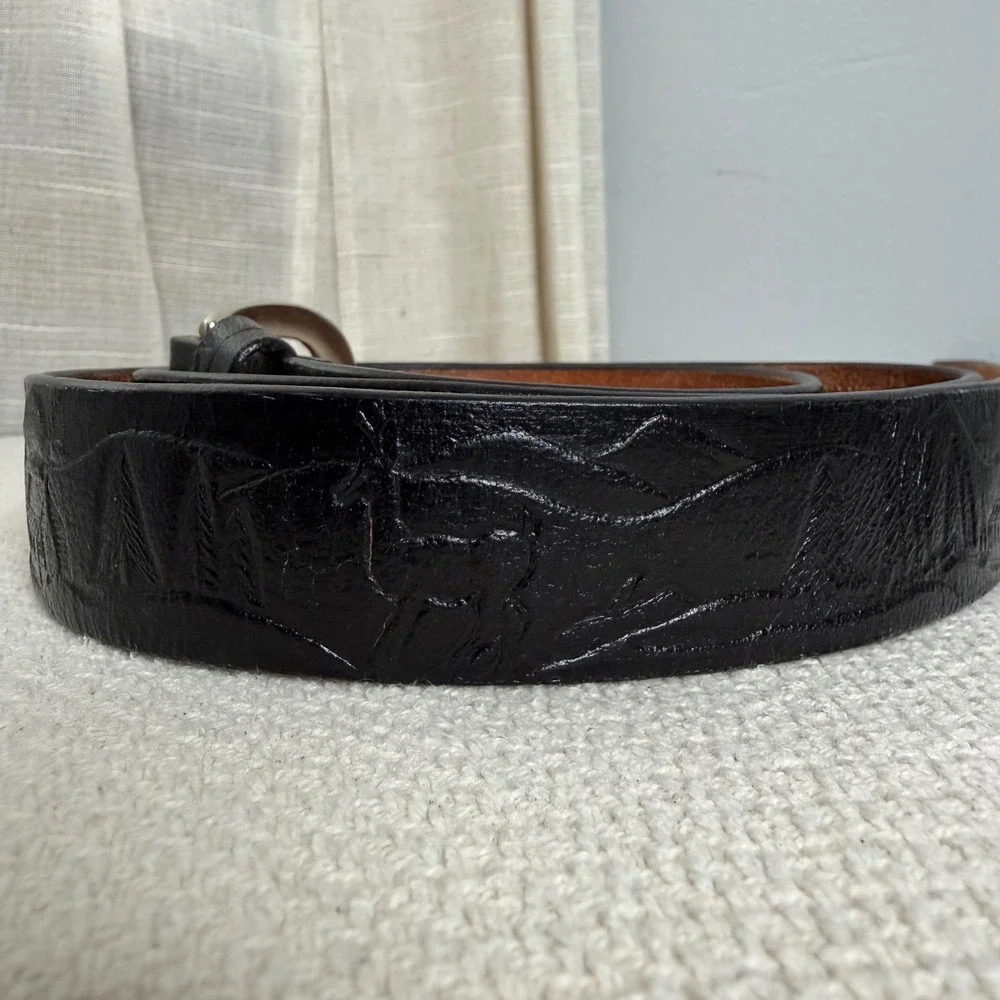 Vintage C.L.‎ Leather Belt Embossed Cabin Deer Mountain Black Tooled Men's 48